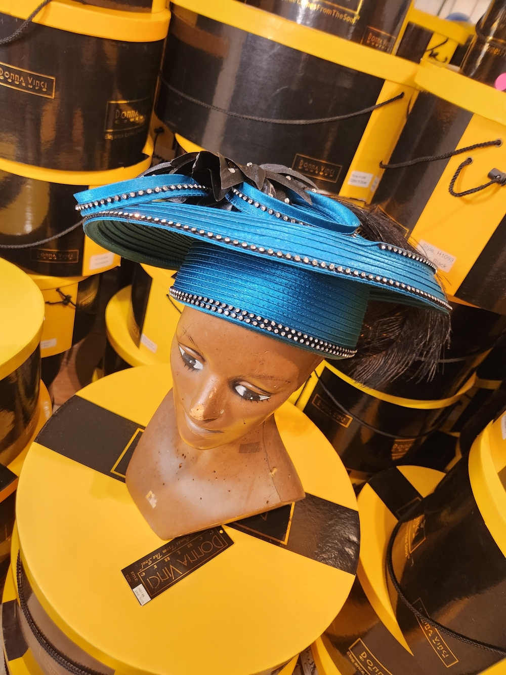 Donna Vinci H2144 Teal Black Feather Rhinestone Church Hat
